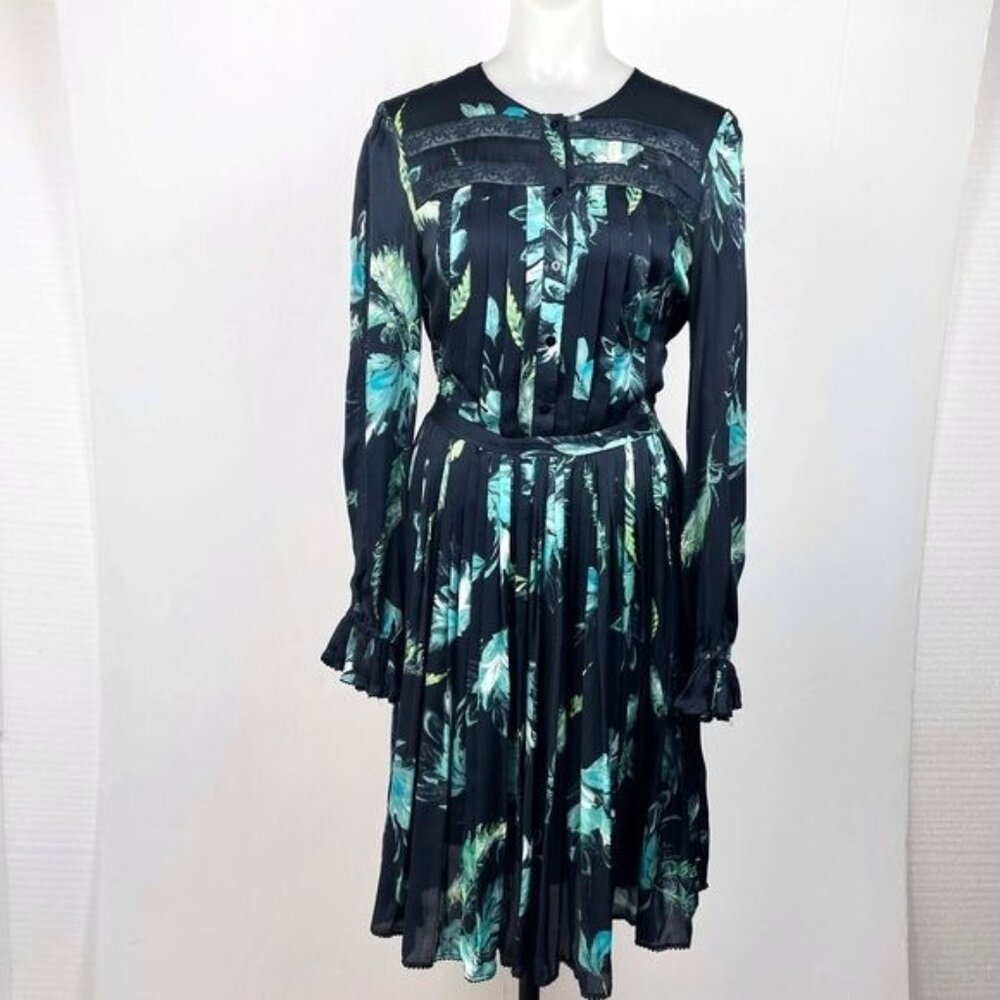 Marchesa Voyage Navy Floral 100% Silk Pleated Midi dress With Lace 2 - Picture 2 of 10